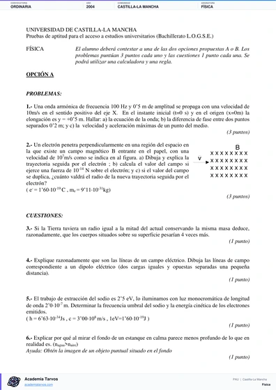 Vista previa de Examen PAU de Física de Castilla-La Mancha 2004 – Ordinaria
