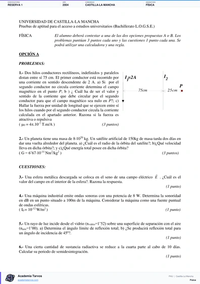 Vista previa de Examen PAU de Física de Castilla-La Mancha 2004 – Reserva 1