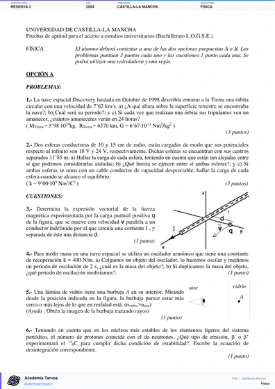 Vista previa de Examen PAU de Física de Castilla-La Mancha 2004 – Reserva 2