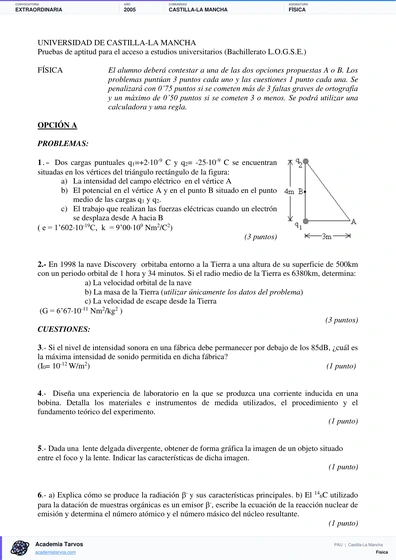 Vista previa de Examen PAU de Física de Castilla-La Mancha 2005 – Extraordinaria