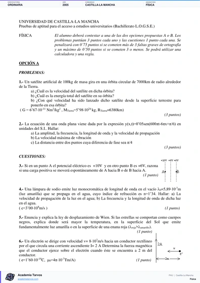 Vista previa de Examen PAU de Física de Castilla-La Mancha 2005 – Ordinaria