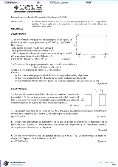 Vista previa de Examen PAU de Física de Castilla-La Mancha 2006 – Extraordinaria