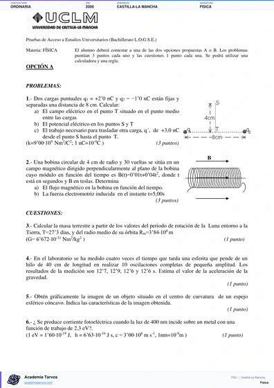 Vista previa de Examen PAU de Física de Castilla-La Mancha 2006 – Ordinaria