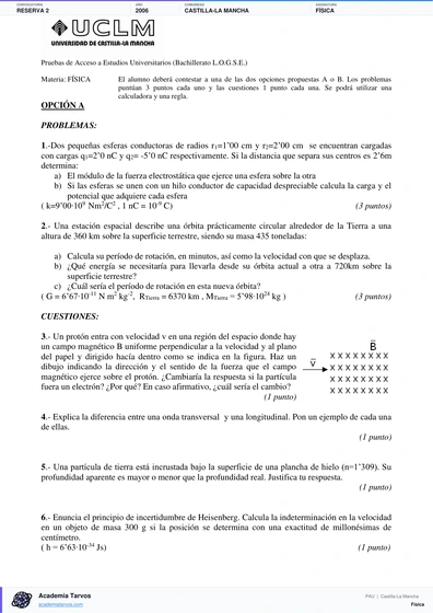Vista previa de Examen PAU de Física de Castilla-La Mancha 2006 – Reserva 2