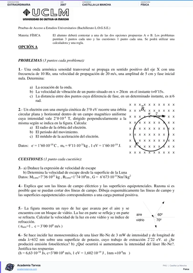 Vista previa de Examen PAU de Física de Castilla-La Mancha 2007 – Extraordinaria