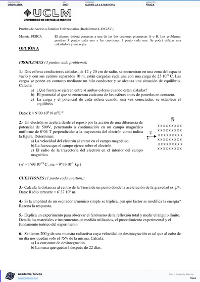 Vista previa de Examen PAU de Física de Castilla-La Mancha 2007 – Ordinaria