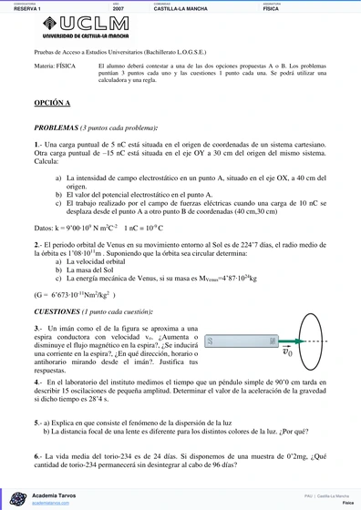 Vista previa de Examen PAU de Física de Castilla-La Mancha 2007 – Reserva 1