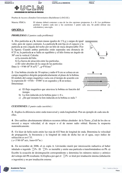 Vista previa de Examen PAU de Física de Castilla-La Mancha 2007 – Reserva 2