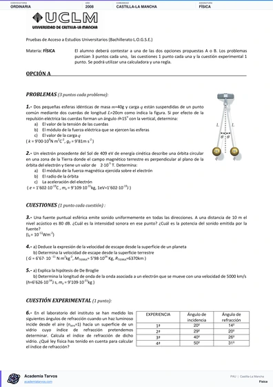 Vista previa de Examen PAU de Física de Castilla-La Mancha 2008 – Ordinaria