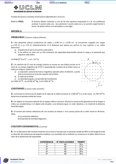 Vista previa de Examen PAU de Física de Castilla-La Mancha 2008 – Reserva 2