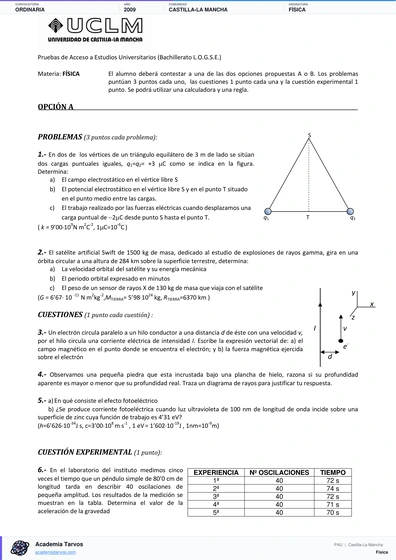 Vista previa de Examen PAU de Física de Castilla-La Mancha 2009 – Ordinaria