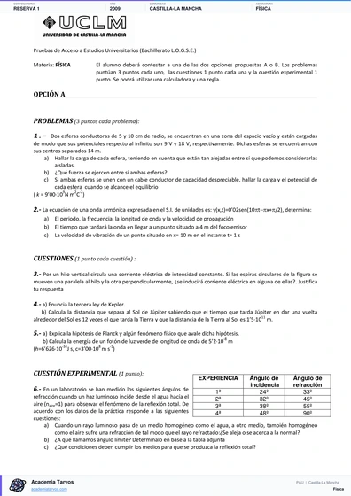 Vista previa de Examen PAU de Física de Castilla-La Mancha 2009 – Reserva 1