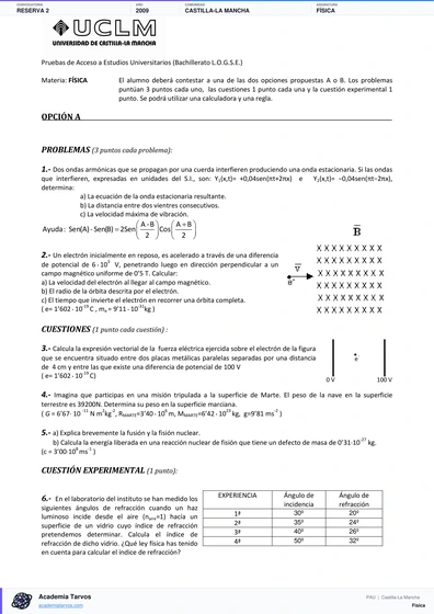 Vista previa de Examen PAU de Física de Castilla-La Mancha 2009 – Reserva 2