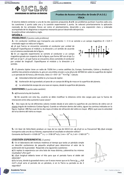 Vista previa de Examen PAU de Física de Castilla-La Mancha 2010 – Extraordinaria