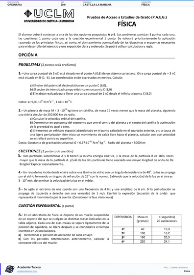 Vista previa de Examen PAU de Física de Castilla-La Mancha 2011 – Ordinaria