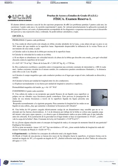 Vista previa de Examen PAU de Física de Castilla-La Mancha 2012 – Reserva 1