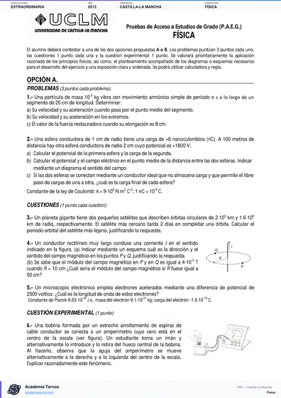 Vista previa de Examen PAU de Física de Castilla-La Mancha 2013 – Extraordinaria