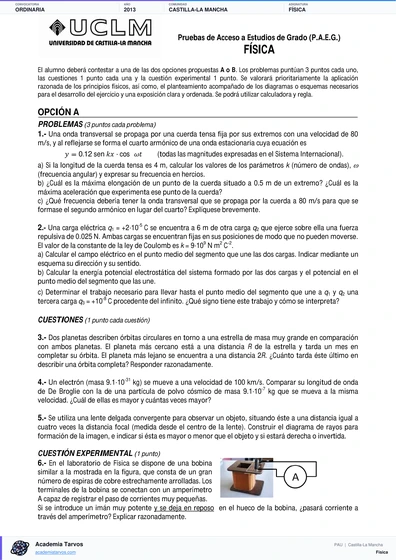 Vista previa de Examen PAU de Física de Castilla-La Mancha 2013 – Ordinaria