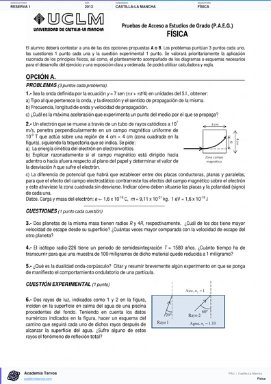 Vista previa de Examen PAU de Física de Castilla-La Mancha 2013 – Reserva 1