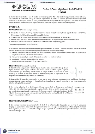 Vista previa de Examen PAU de Física de Castilla-La Mancha 2014 – Extraordinaria