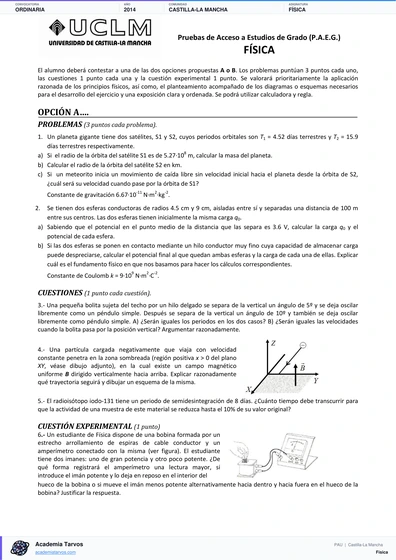 Vista previa de Examen PAU de Física de Castilla-La Mancha 2014 – Ordinaria