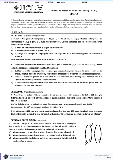 Vista previa de Examen PAU de Física de Castilla-La Mancha 2015 – Extraordinaria