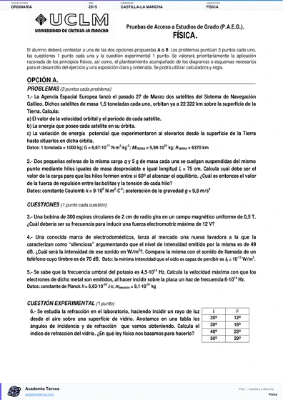 Vista previa de Examen PAU de Física de Castilla-La Mancha 2015 – Ordinaria