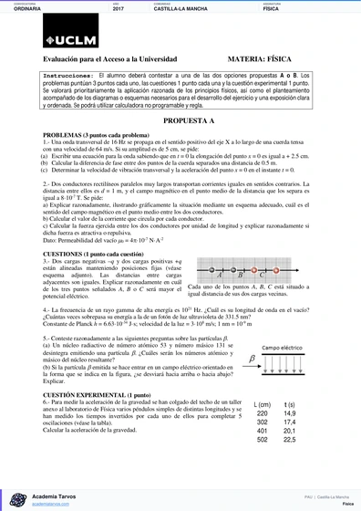 Vista previa de Examen PAU de Física de Castilla-La Mancha 2017 – Ordinaria