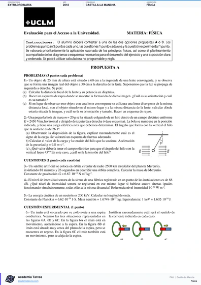 Vista previa de Examen PAU de Física de Castilla-La Mancha 2018 – Extraordinaria