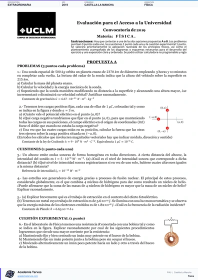 Vista previa de Examen PAU de Física de Castilla-La Mancha 2019 – Extraordinaria