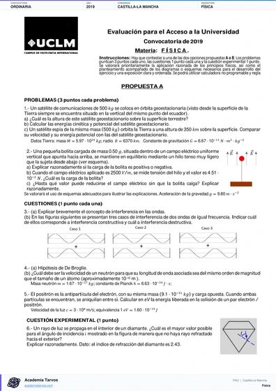 Vista previa de Examen PAU de Física de Castilla-La Mancha 2019 – Ordinaria