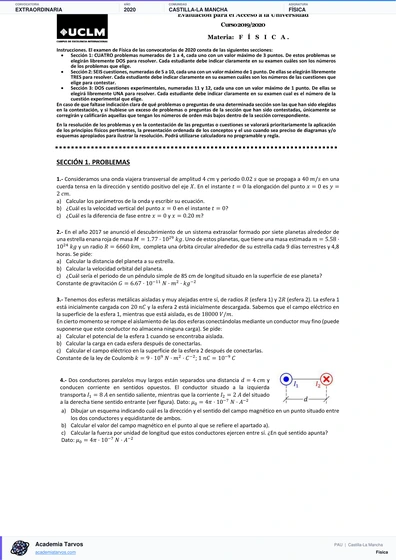 Vista previa de Examen PAU de Física de Castilla-La Mancha 2020 – Extraordinaria