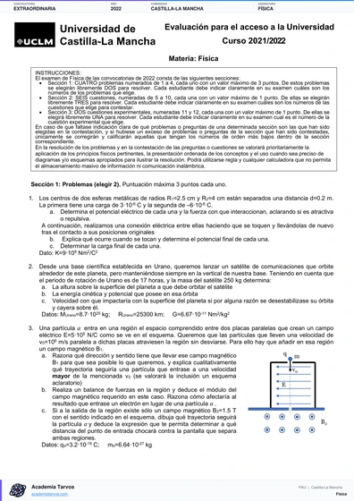 Vista previa de Examen PAU de Física de Castilla-La Mancha 2022 – Extraordinaria