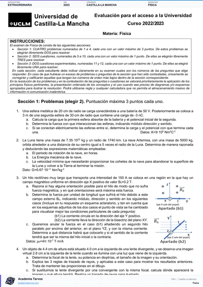 Vista previa de Examen PAU de Física de Castilla-La Mancha 2023 – Extraordinaria