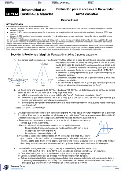 Vista previa de Examen PAU de Física de Castilla-La Mancha 2023 – Ordinaria