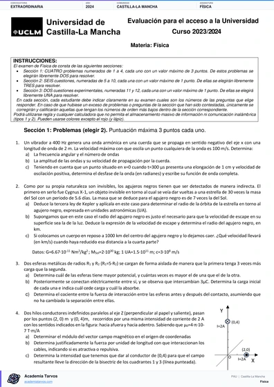 Vista previa de Examen PAU de Física de Castilla-La Mancha 2024 – Extraordinaria