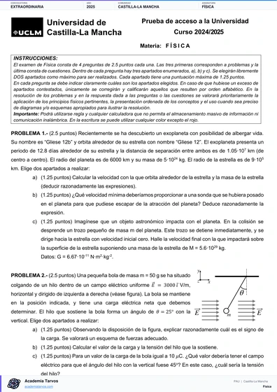 Vista previa de Examen PAU de Física de Castilla-La Mancha 2025 – Extraordinaria