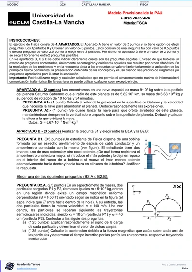 Vista previa de Modelo PAU de Física de Castilla-La Mancha 2026