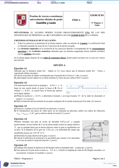 Vista previa de Examen PAU de Física de Castilla y León 2010 – Extraordinaria Específica