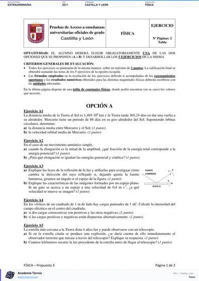 Vista previa de Examen PAU de Física de Castilla y León 2011 – Extraordinaria