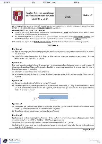 Vista previa de Modelo PAU de Física de Castilla y León 2011