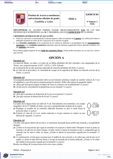 Vista previa de Examen PAU de Física de Castilla y León 2011 – Ordinaria
