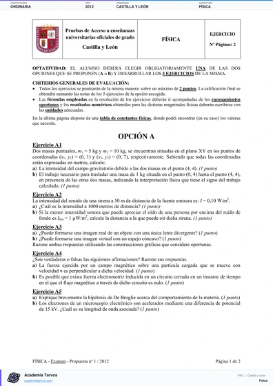 Vista previa de Examen PAU de Física de Castilla y León 2012 – Ordinaria