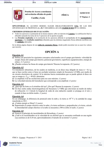 Vista previa de Examen PAU de Física de Castilla y León 2013 – Ordinaria
