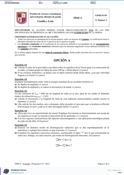 Vista previa de Examen PAU de Física de Castilla y León 2014 – Extraordinaria