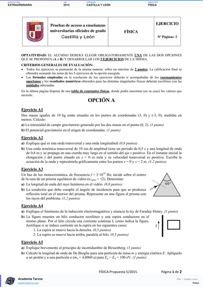 Vista previa de Examen PAU de Física de Castilla y León 2015 – Extraordinaria