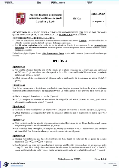 Vista previa de Examen PAU de Física de Castilla y León 2015 – Ordinaria