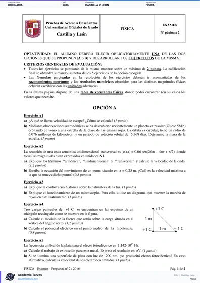 Vista previa de Examen PAU de Física de Castilla y León 2016 – Ordinaria