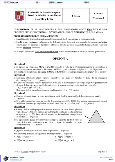 Vista previa de Examen PAU de Física de Castilla y León 2017 – Extraordinaria