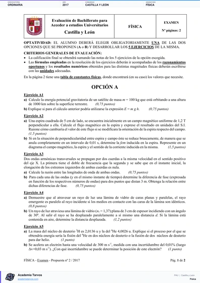 Vista previa de Examen PAU de Física de Castilla y León 2017 – Ordinaria